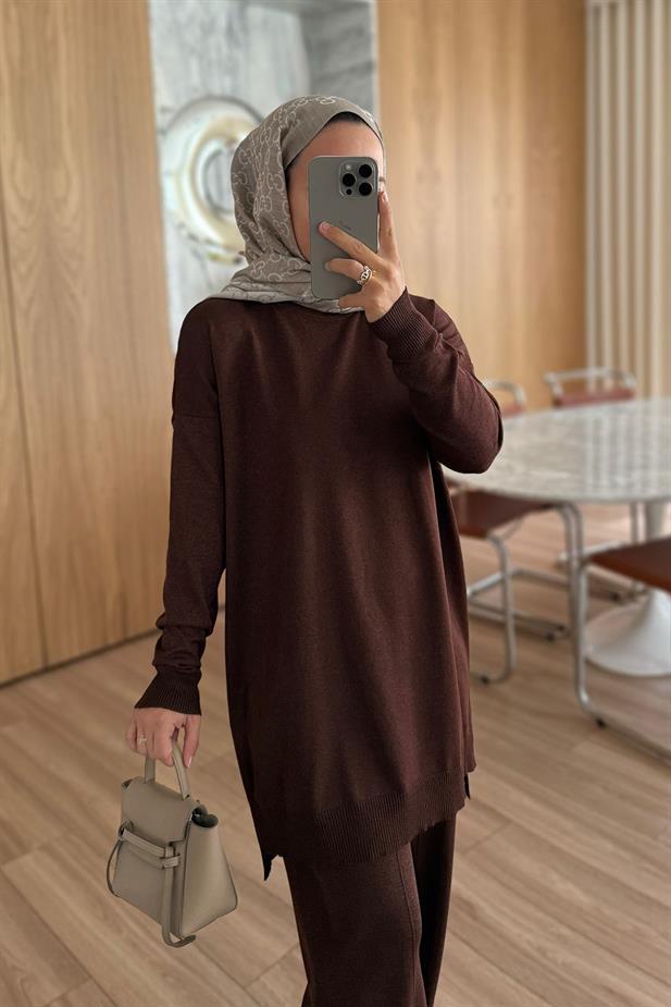 Işıltılı Merserize Takım - Kahverengi