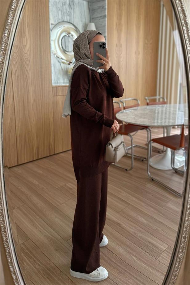 Işıltılı Merserize Takım - Kahverengi