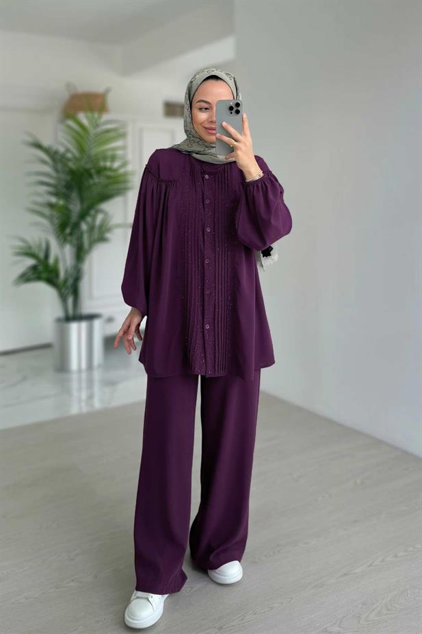 Işıltılı Pilise Detaylı Takım - Mor
