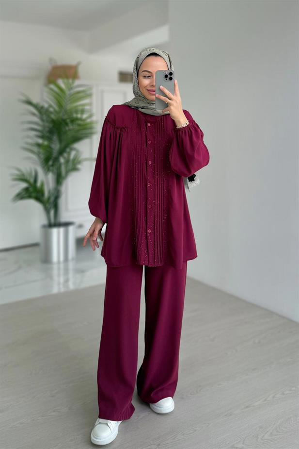 Işıltılı Pilise Detaylı Takım - Mürdüm