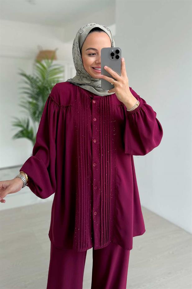 Işıltılı Pilise Detaylı Takım - Mürdüm