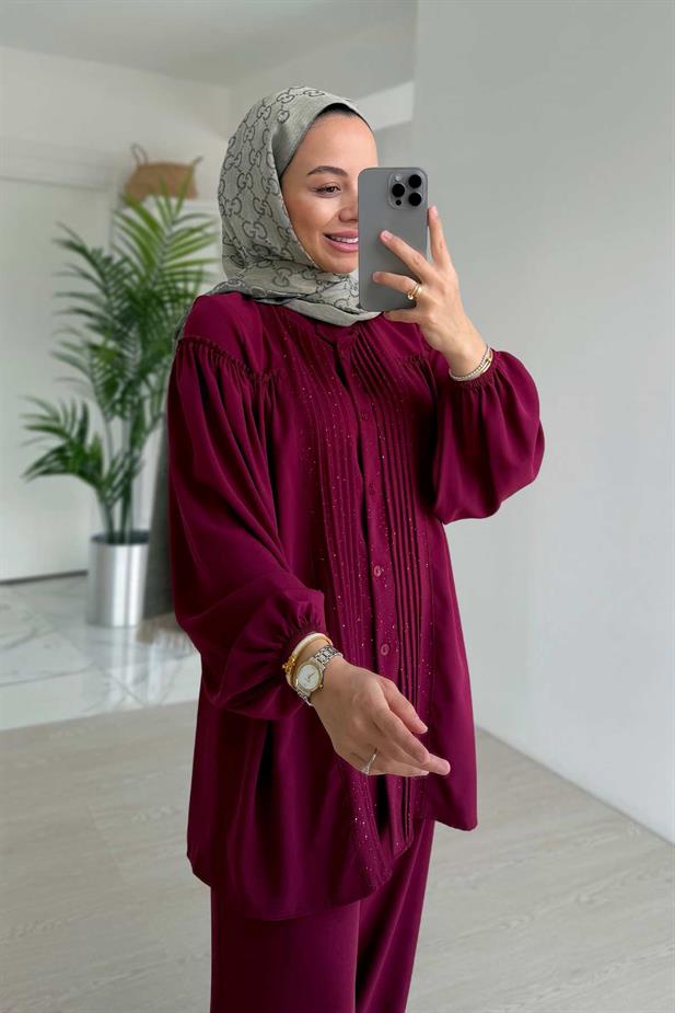 Işıltılı Pilise Detaylı Takım - Mürdüm
