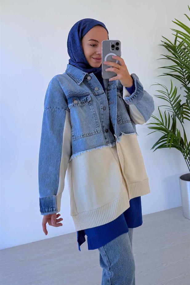 Jean Detaylı Düğmeli Triko Hırka