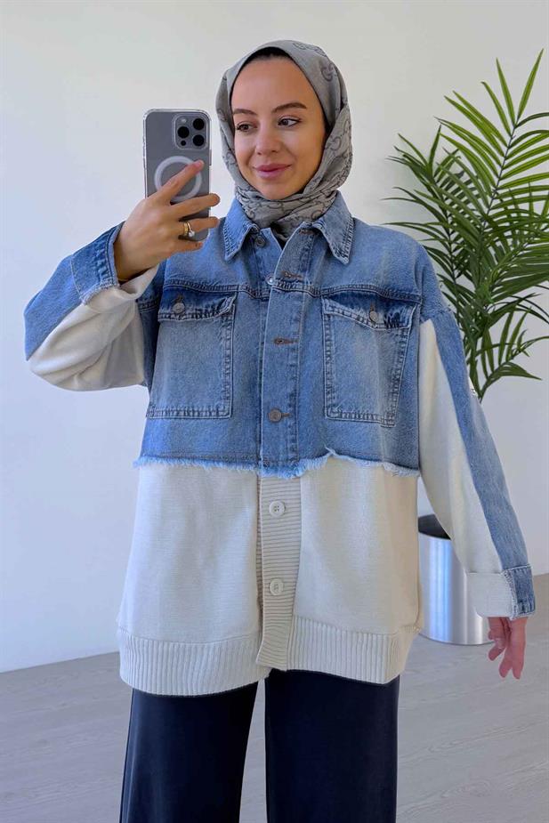 Jean Detaylı Düğmeli Triko Hırka