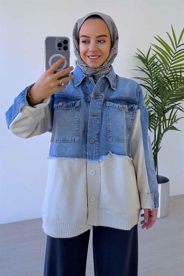 Jean Detaylı Düğmeli Triko Hırka