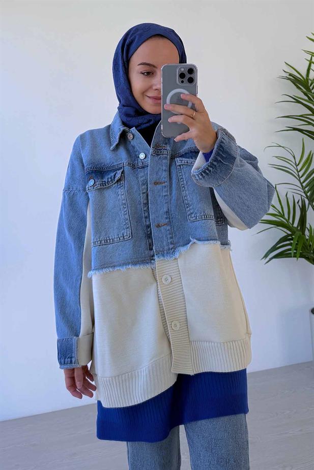 Jean Detaylı Düğmeli Triko Hırka