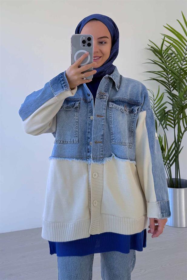 Jean Detaylı Düğmeli Triko Hırka