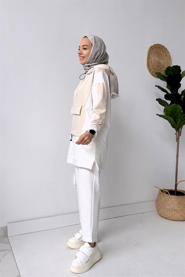 Kanguru Cep Kapüşonlu Takım - Bej