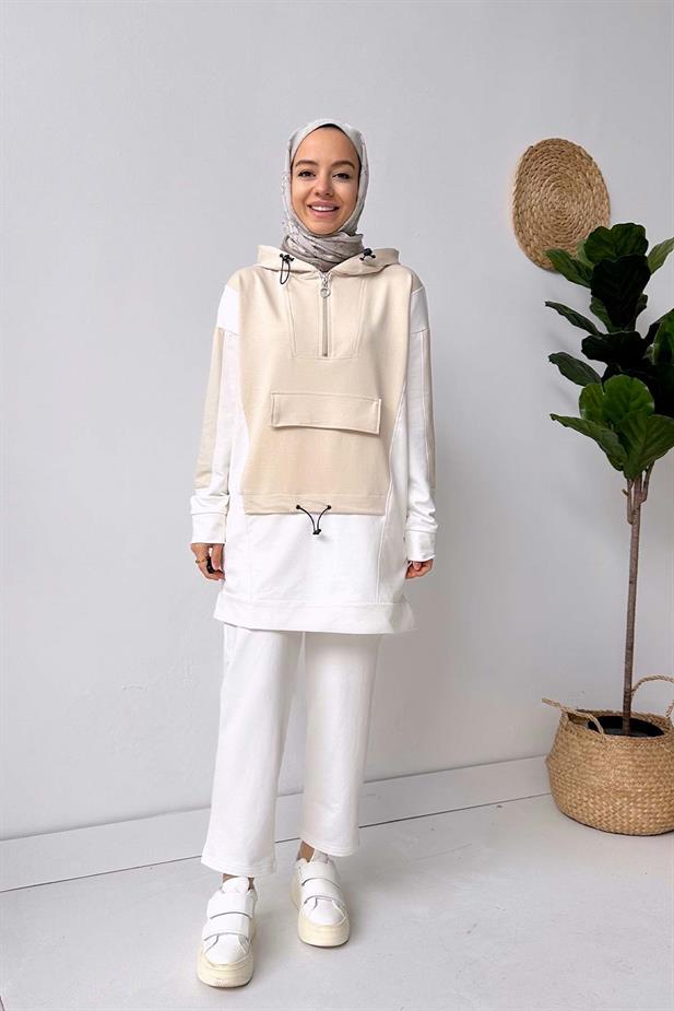 Kanguru Cep Kapüşonlu Takım - Bej
