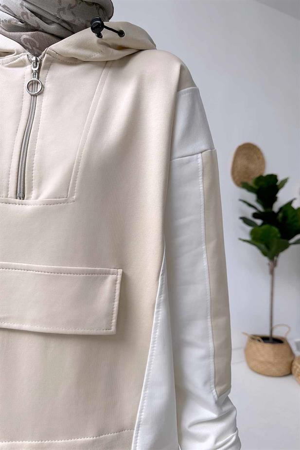 Kanguru Cep Kapüşonlu Takım - Bej