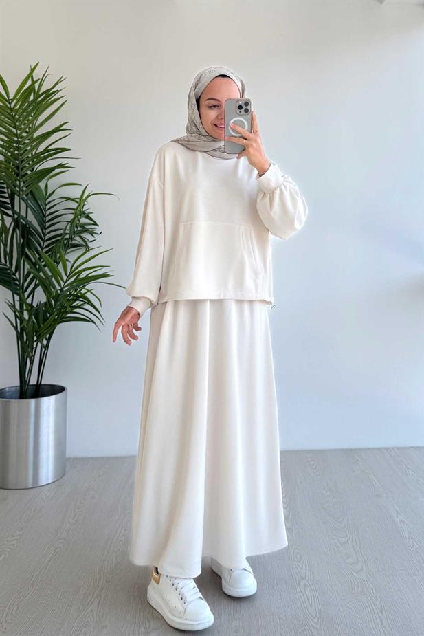 Kanguru Cep Oysh Kumaş Etekli İkili Takım - Ekru