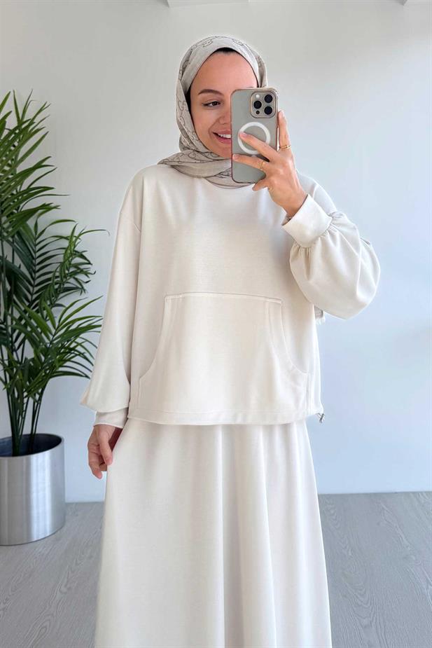 Kanguru Cep Oysh Kumaş Etekli İkili Takım - Ekru