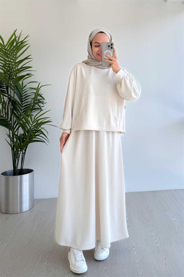 Kanguru Cep Oysh Kumaş Etekli İkili Takım - Ekru