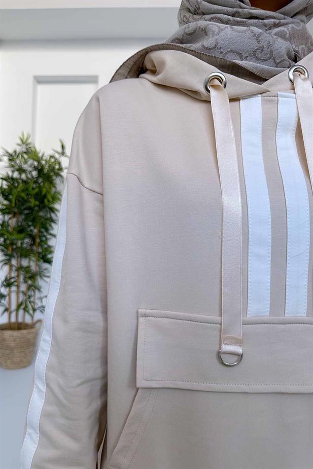 Kanguru Cep Şerit Detay İki İplik Takım - Bej