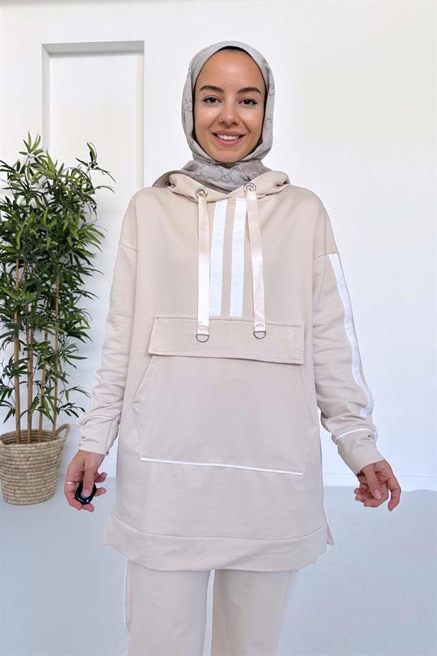 Kanguru Cep Şerit Detay İki İplik Takım - Bej