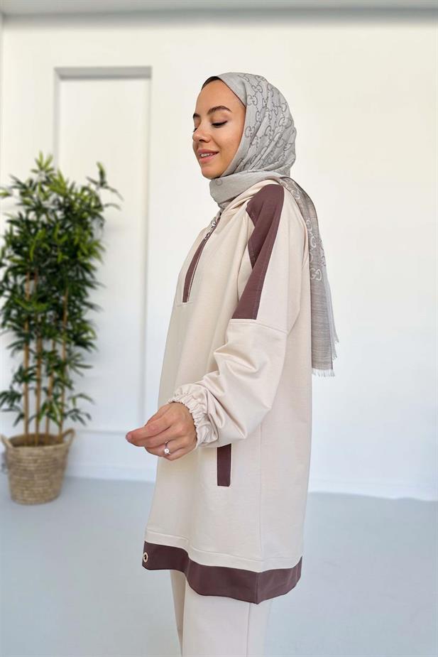 Kapüşon Detay İki İplik Takım - Bej