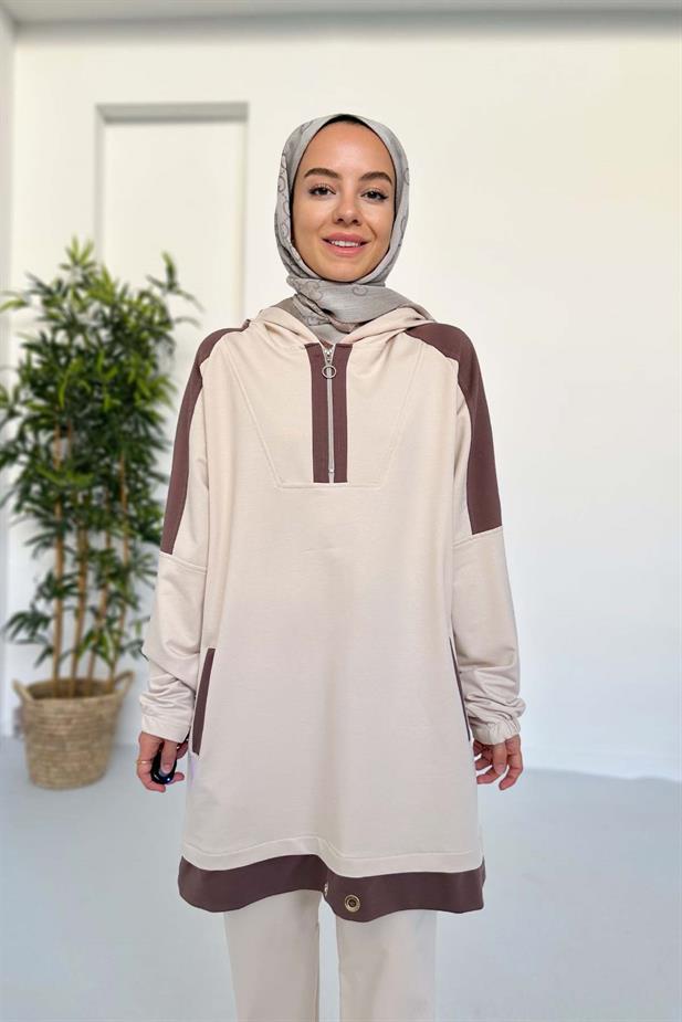 Kapüşon Detay İki İplik Takım - Bej