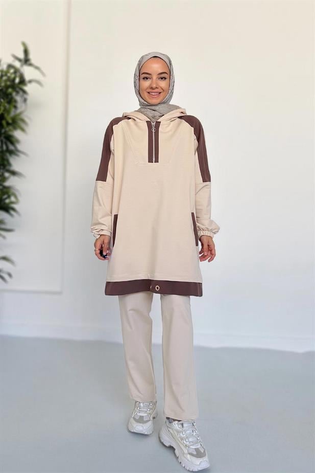 Kapüşon Detay İki İplik Takım - Bej
