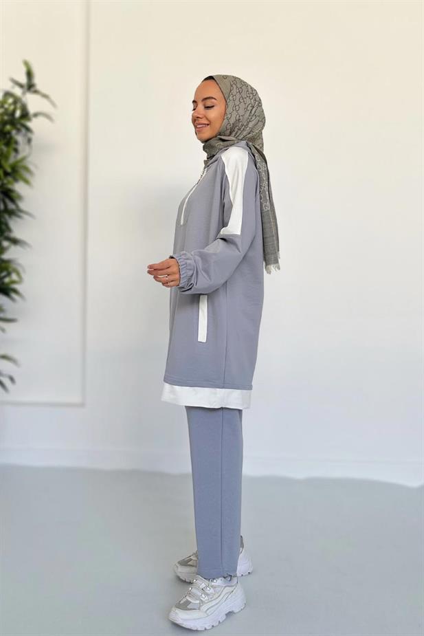 Kapüşon Detay İki İplik Takım - Gri