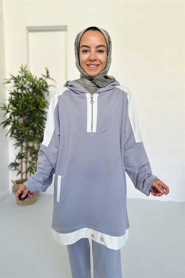 Kapüşon Detay İki İplik Takım - Gri