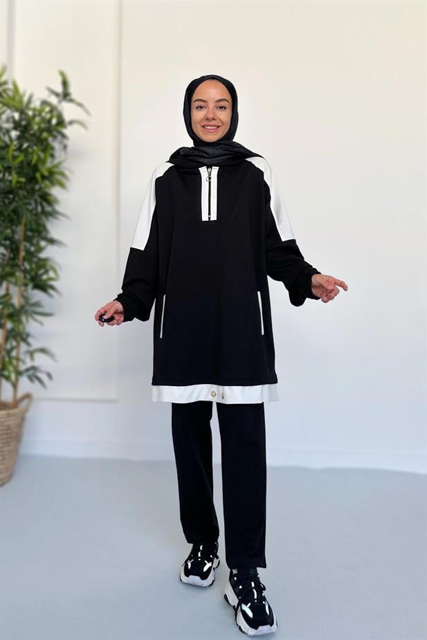 Kapüşon Detay İki İplik Takım - Siyah