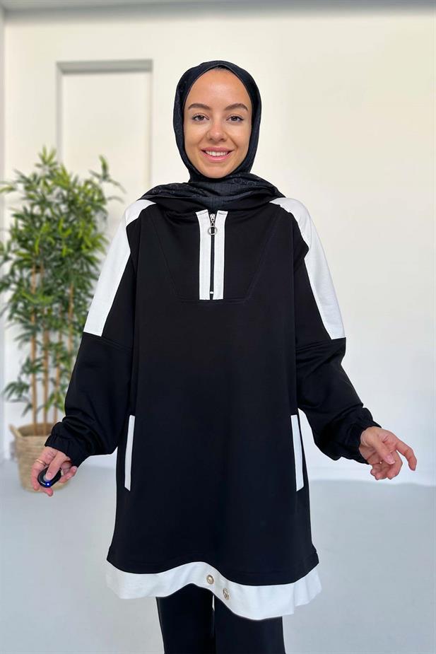 Kapüşon Detay İki İplik Takım - Siyah