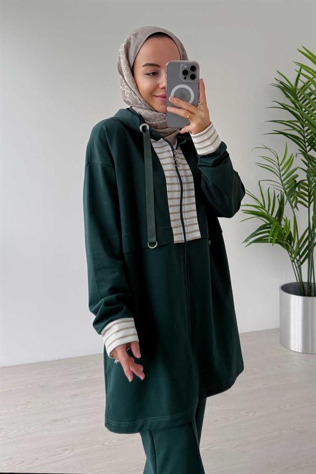 Kapüşonlu Çizgi Detaylı İki İplik Takım - Zümrüt