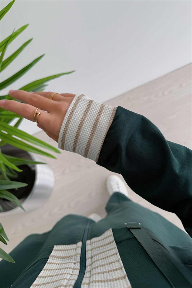 Kapüşonlu Çizgi Detaylı İki İplik Takım - Zümrüt