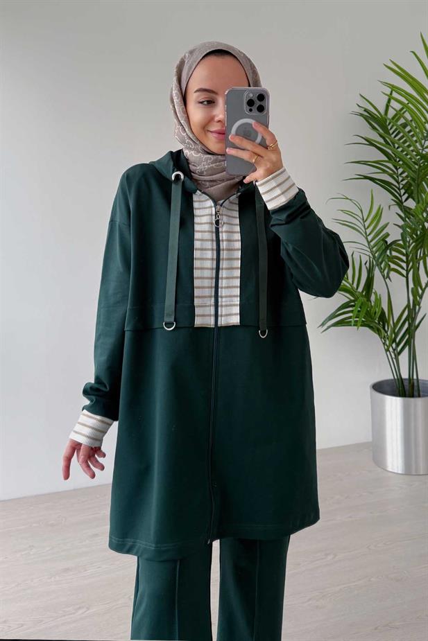 Kapüşonlu Çizgi Detaylı İki İplik Takım - Zümrüt