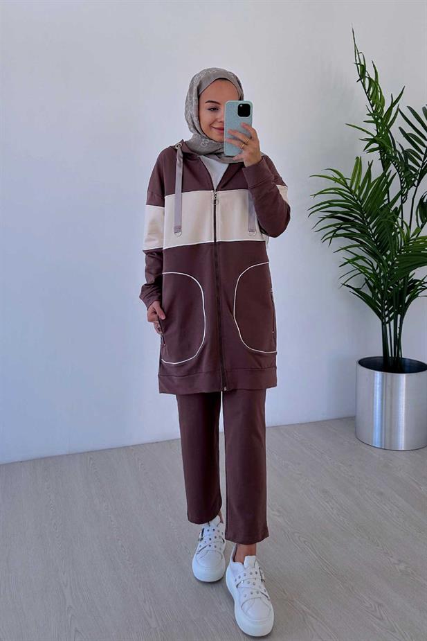 Kapüşonlu Line Takım - Kahverengi