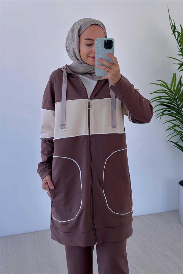 Kapüşonlu Line Takım - Kahverengi