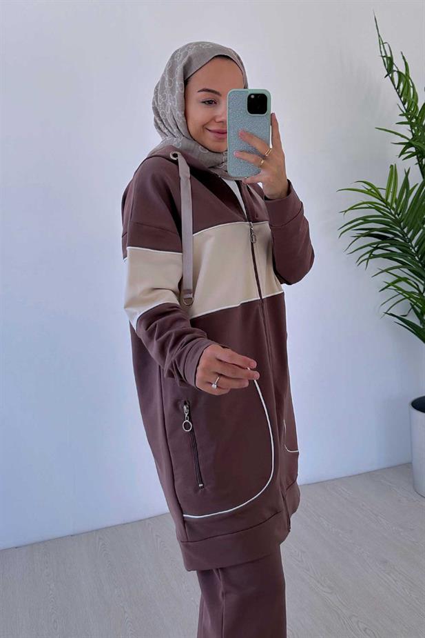 Kapüşonlu Line Takım - Kahverengi