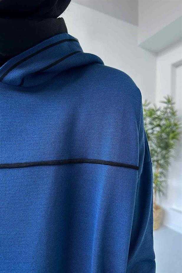 Kapüşonlu Merserize Elbise - Petrol