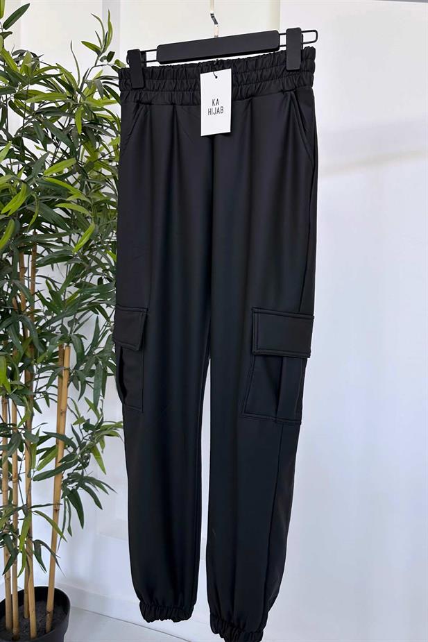 Kargo Cep Deri Jogger Pantolon - Siyah