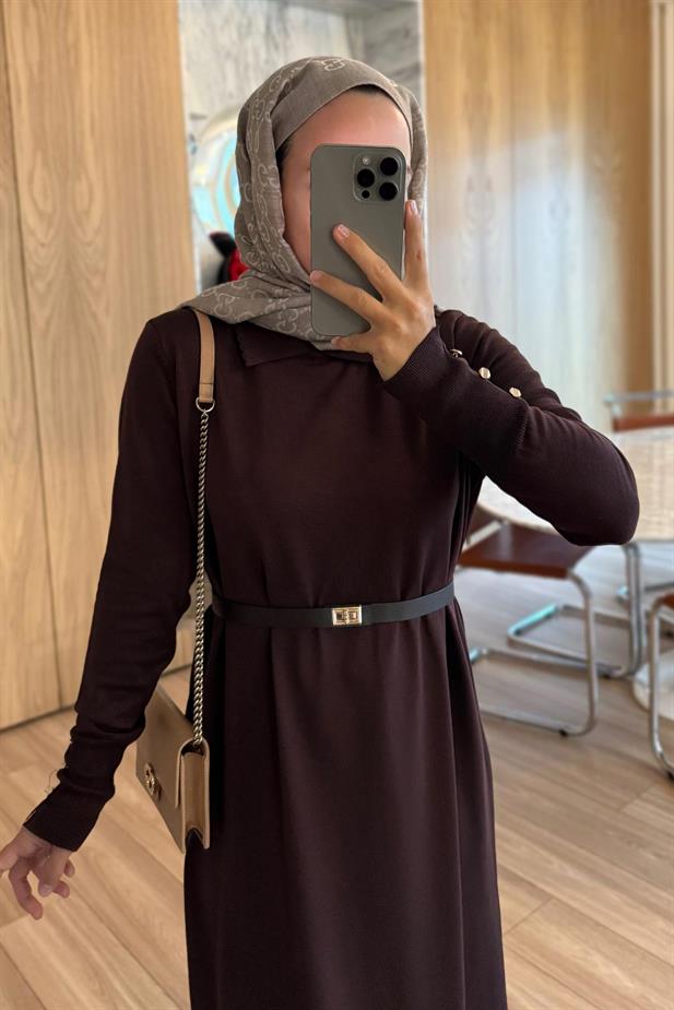 Kemerli Gömlek Yaka Merserize Elbise - Kahverengi
