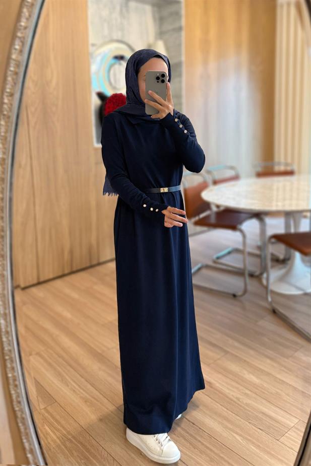 Kemerli Gömlek Yaka Merserize Elbise - Lacivert