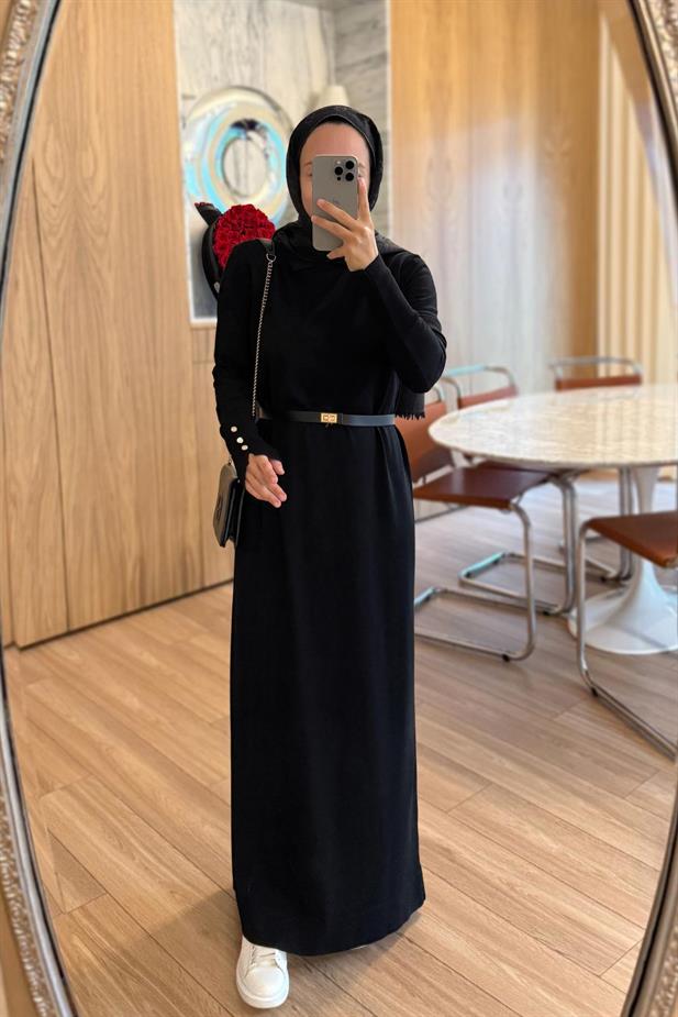 Kemerli Gömlek Yaka Merserize Elbise - Siyah