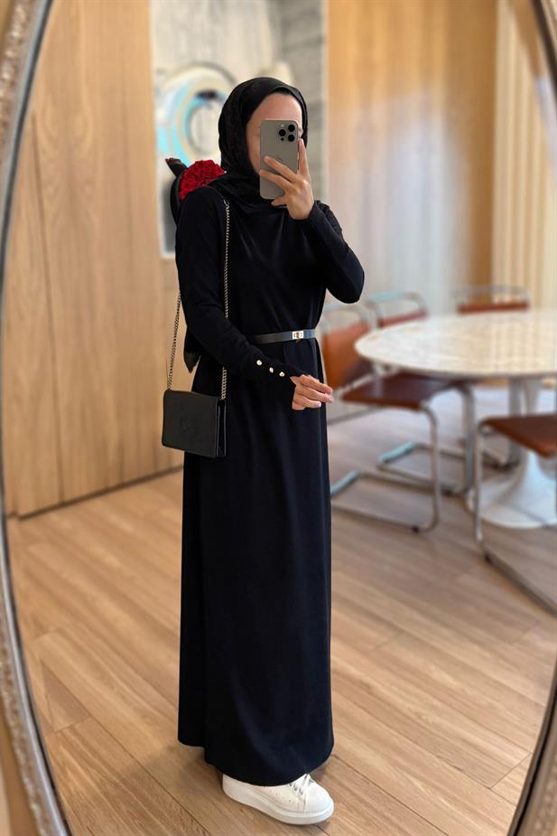 Kemerli Gömlek Yaka Merserize Elbise - Siyah