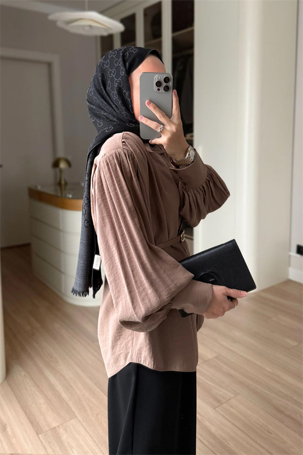 Kemerli Vatkalı Gömlek - Camel