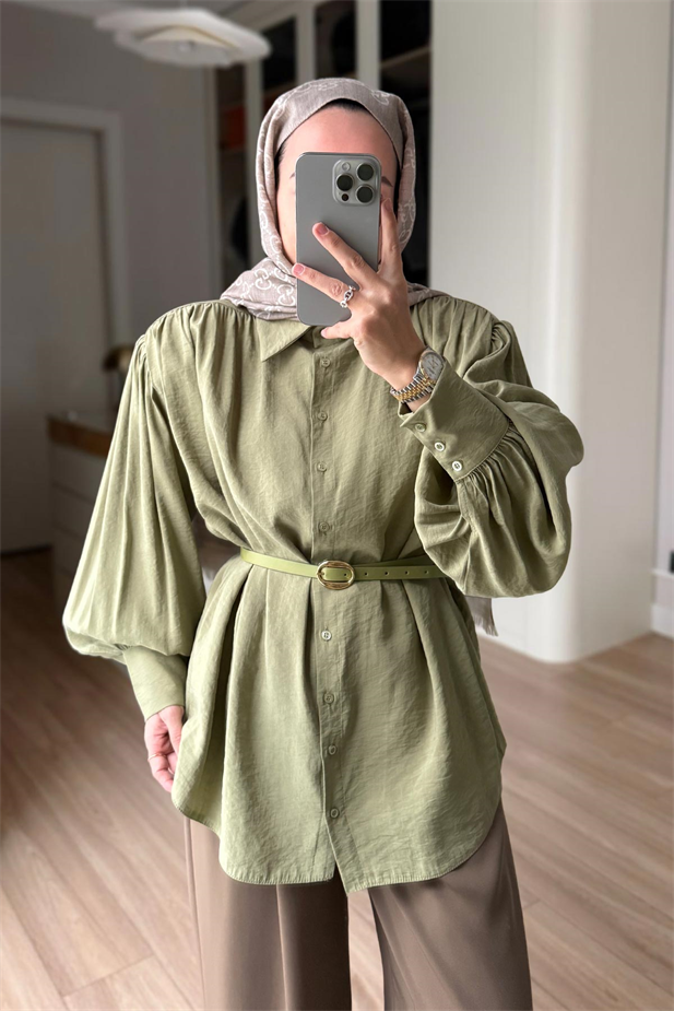 Kemerli Vatkalı Gömlek - Yeşil