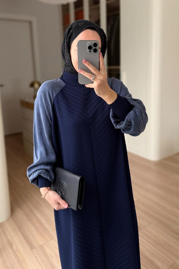 Kendinden Desenli Yarım Balıkçı Merserize Elbise - Lacivert