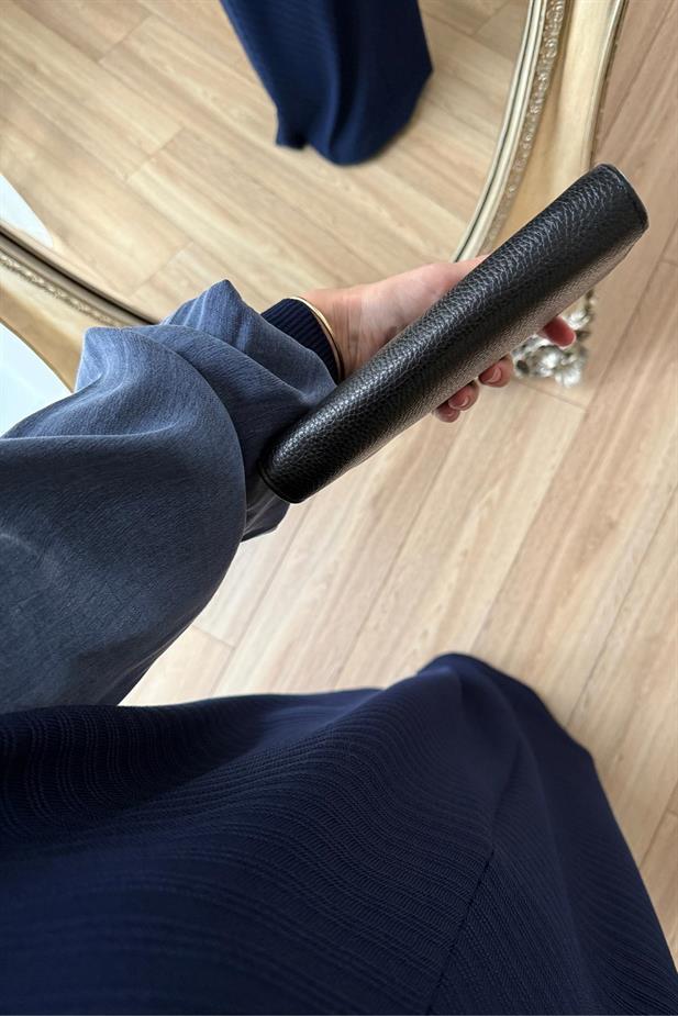 Kendinden Desenli Yarım Balıkçı Merserize Elbise - Lacivert