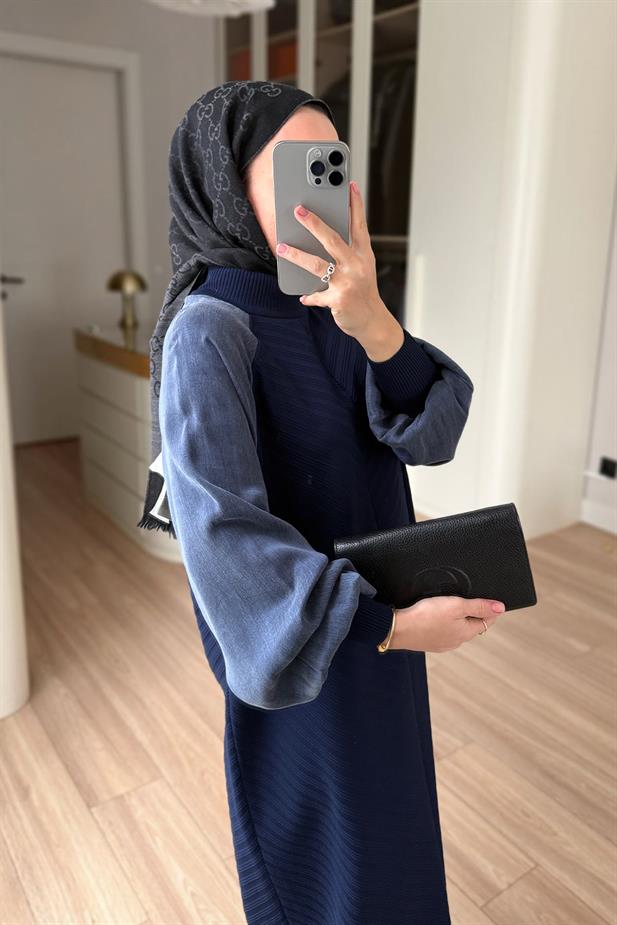 Kendinden Desenli Yarım Balıkçı Merserize Elbise - Lacivert