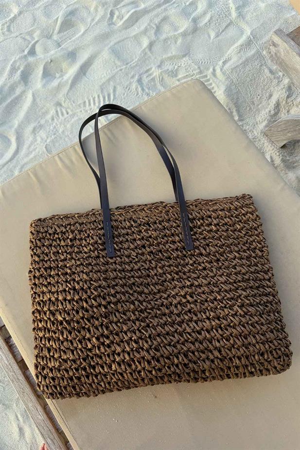 Kol Askılı Astarlı Örgü Hasır Plaj Çantası 46x33 - Kahverengi