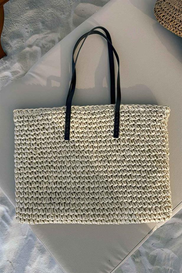Kol Askılı Astarlı Örgü Hasır Plaj Çantası 46x33 - Bej