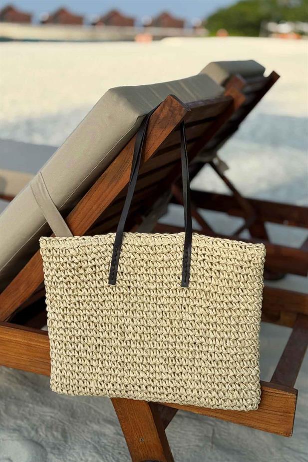 Kol Askılı Astarlı Örgü Hasır Plaj Çantası 46x33 - Bej