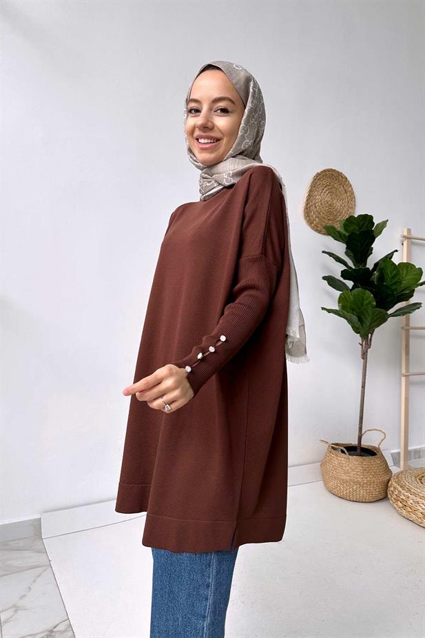 Kol Detay Merserize Tunik - Kahverengi