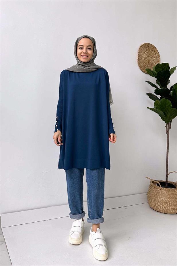 Kol Detay Merserize Tunik - Petrol
