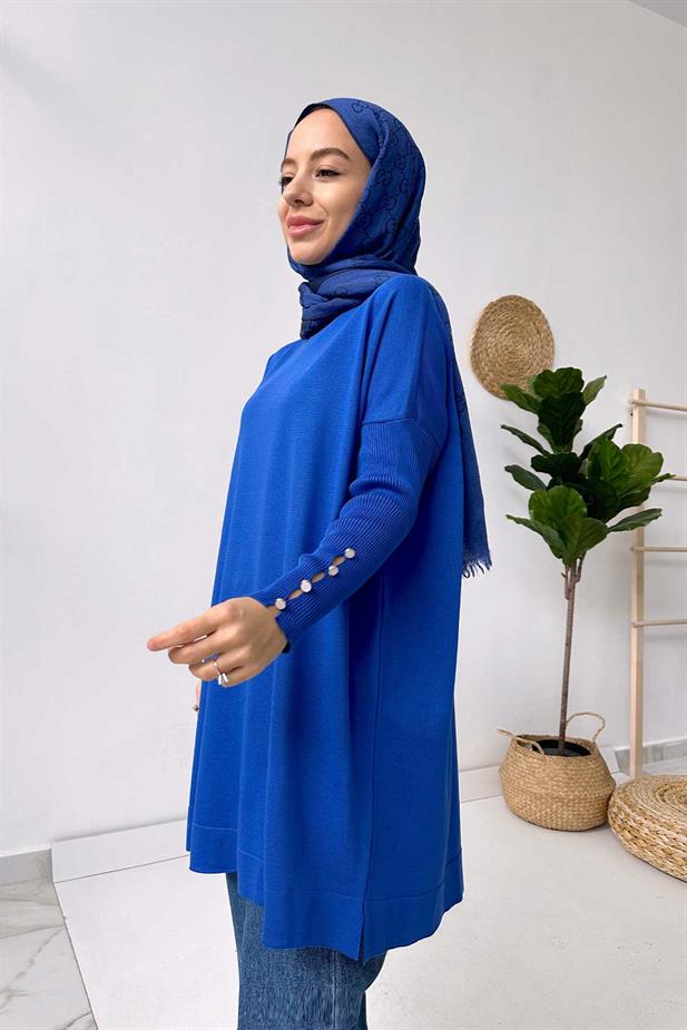Kol Detay Merserize Tunik - Saks Mavi
