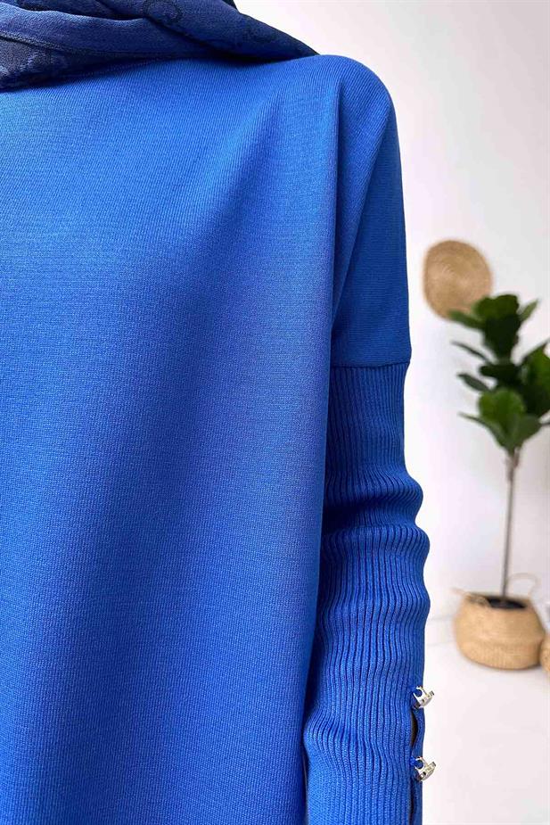 Kol Detay Merserize Tunik - Saks Mavi